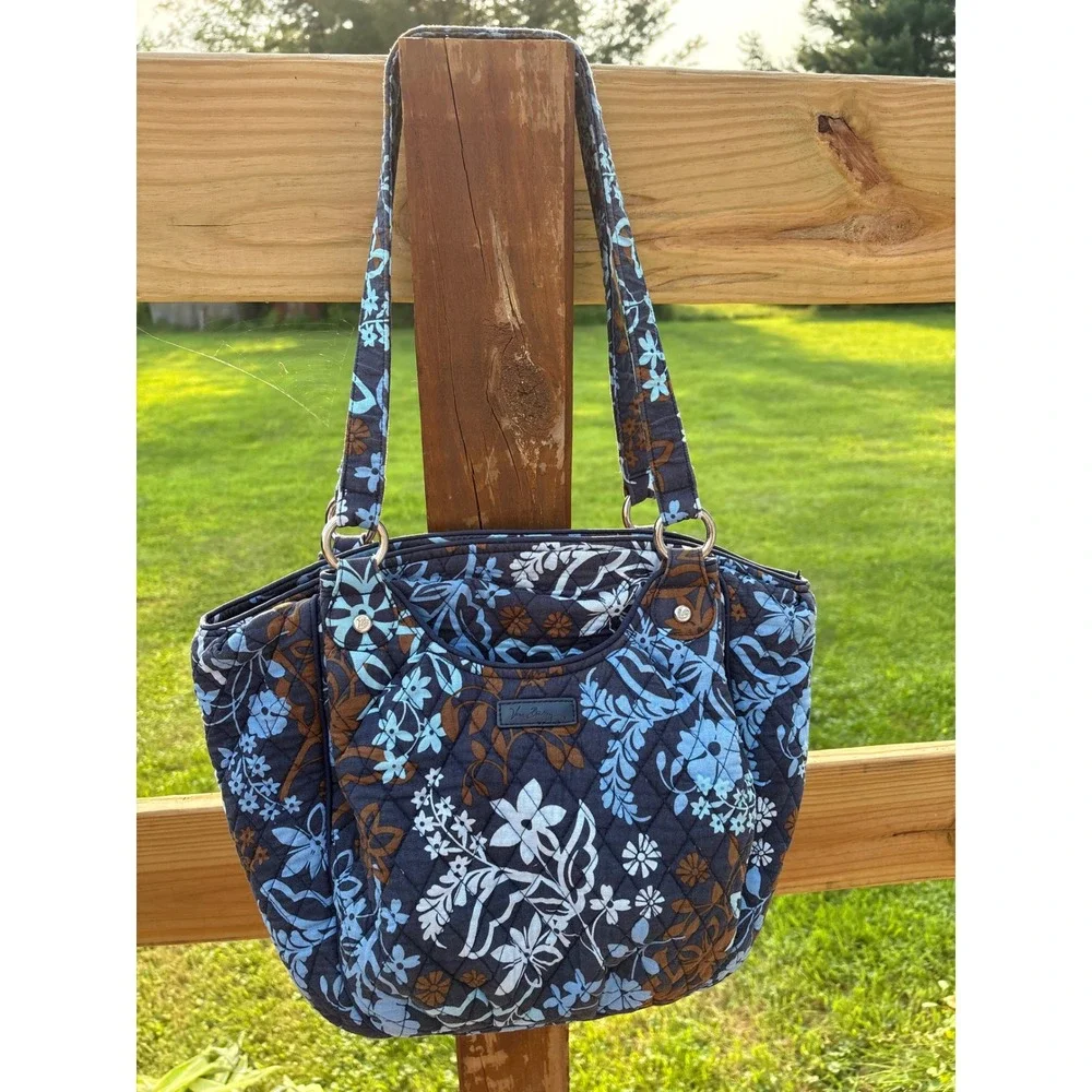 Vera Bradley Night and Day Quilted Floral Shoulder Bag Navy Blue Tote